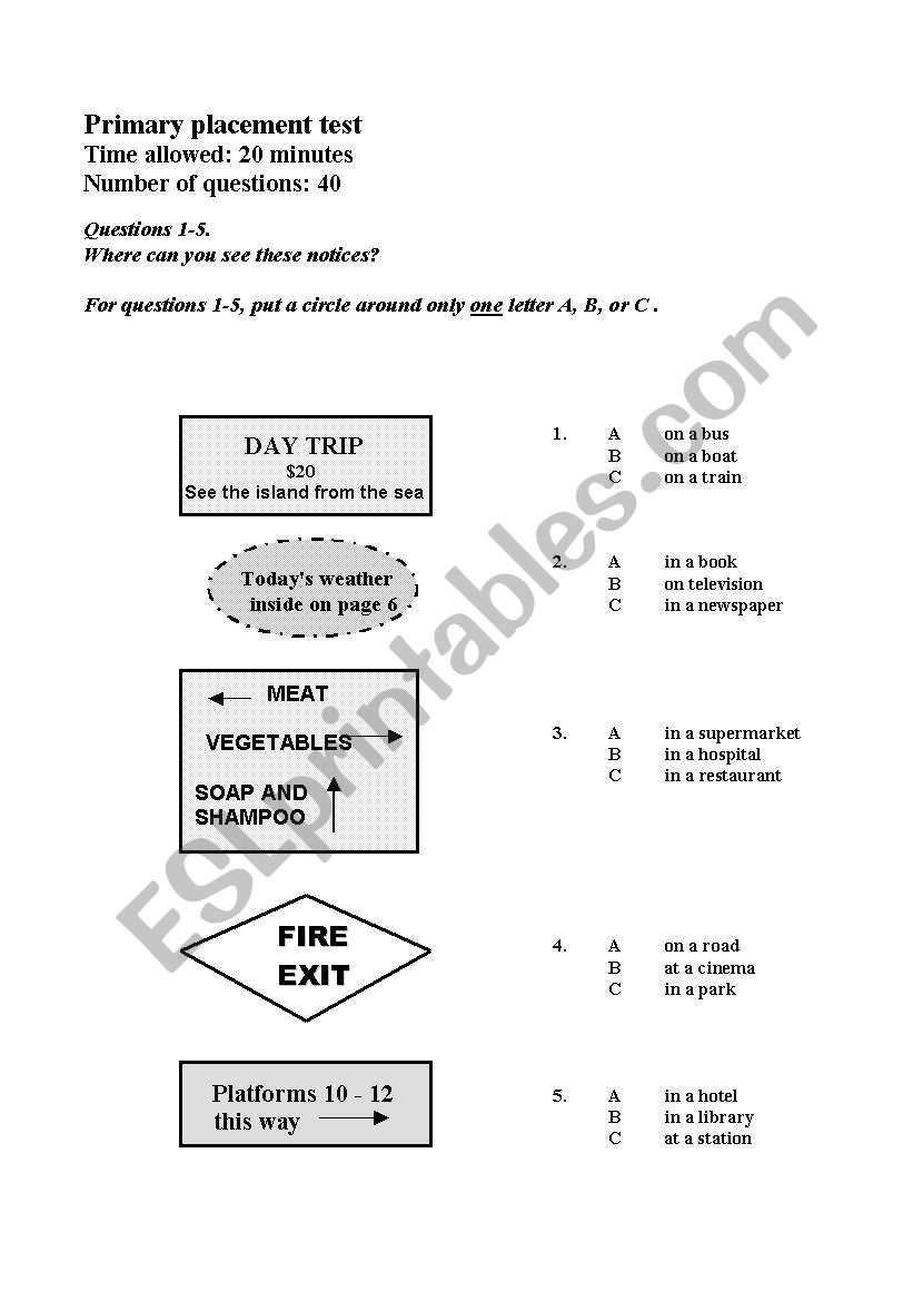 Placement Test 2 worksheet