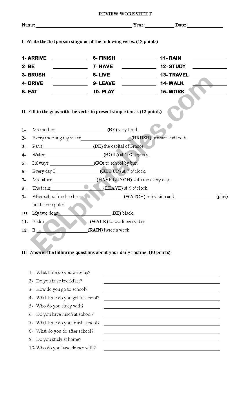 SIMPLE PRESENT WORKSHEET worksheet