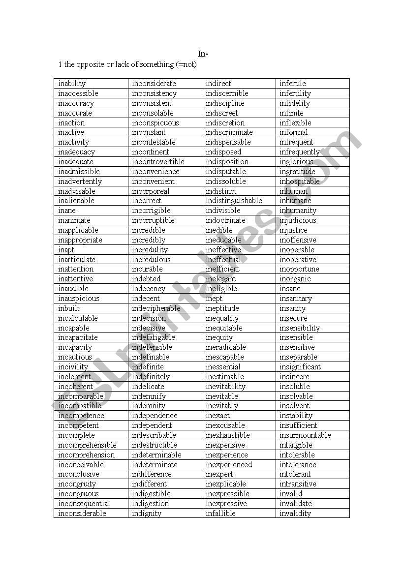 Common prefixes (-in) worksheet