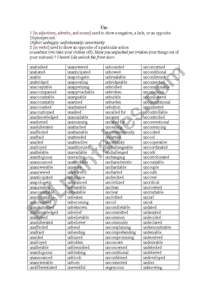 Common prefixes (-un) worksheet