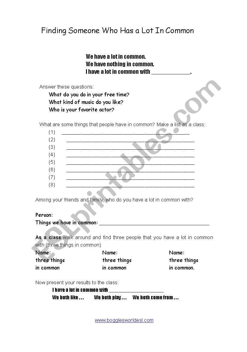 a lot in common worksheet