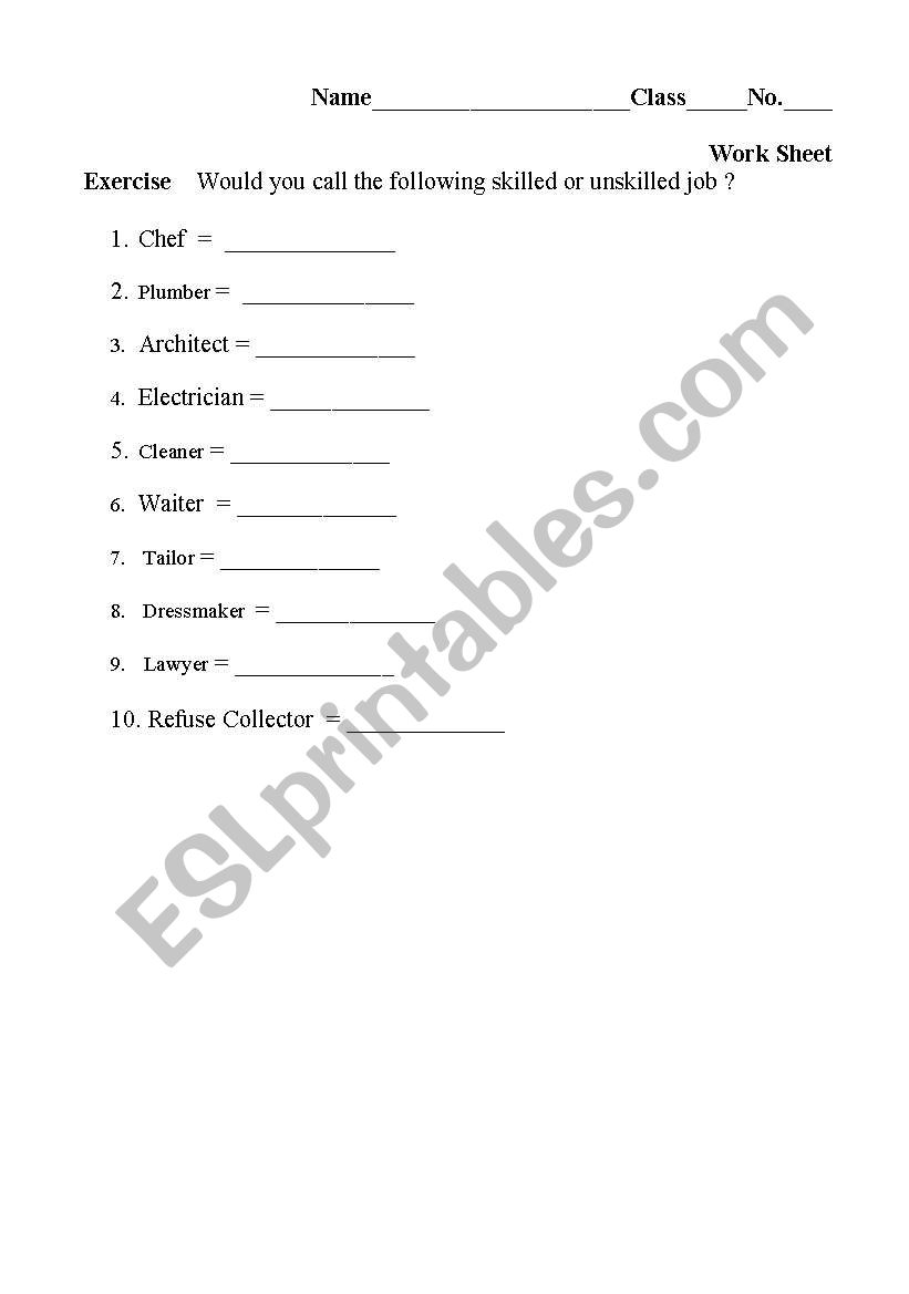 Job Exercise worksheet