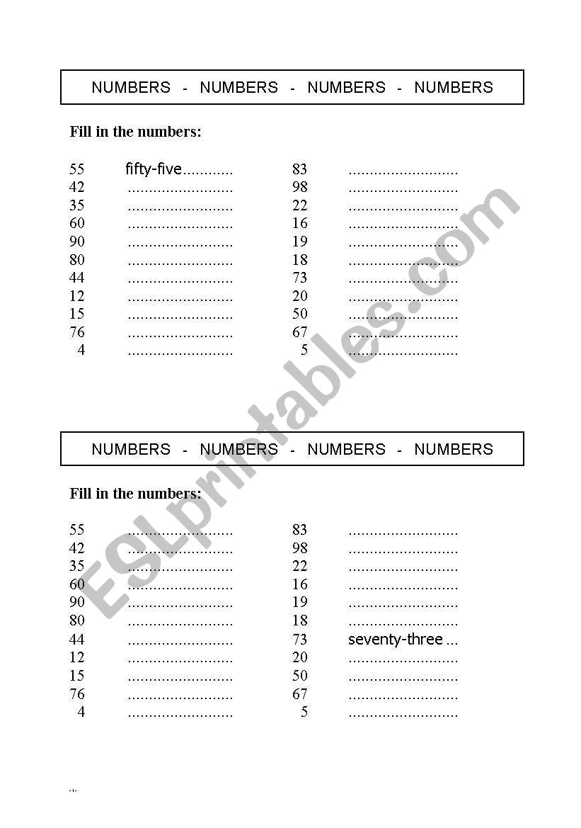 Numbers 1 -100 worksheet