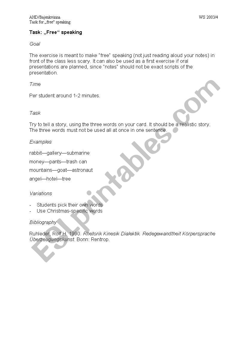 Task for free speaking worksheet