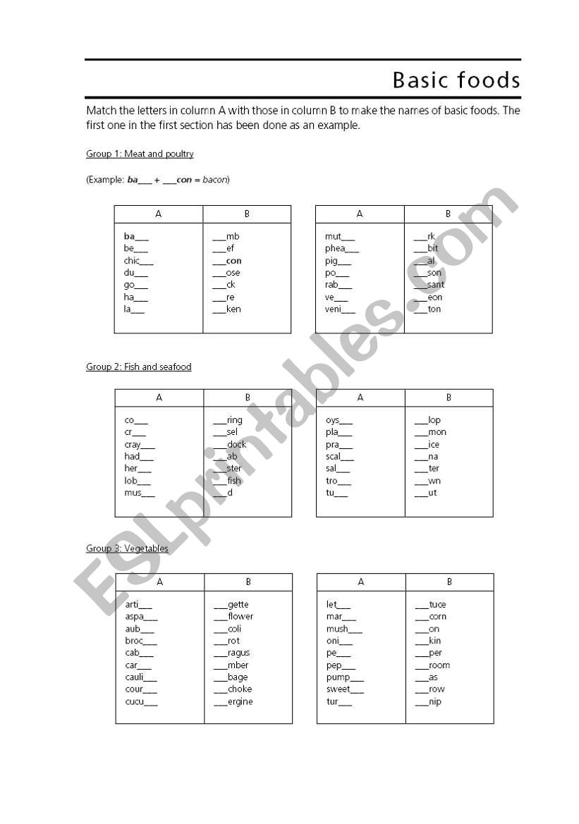 Basic foods worksheet