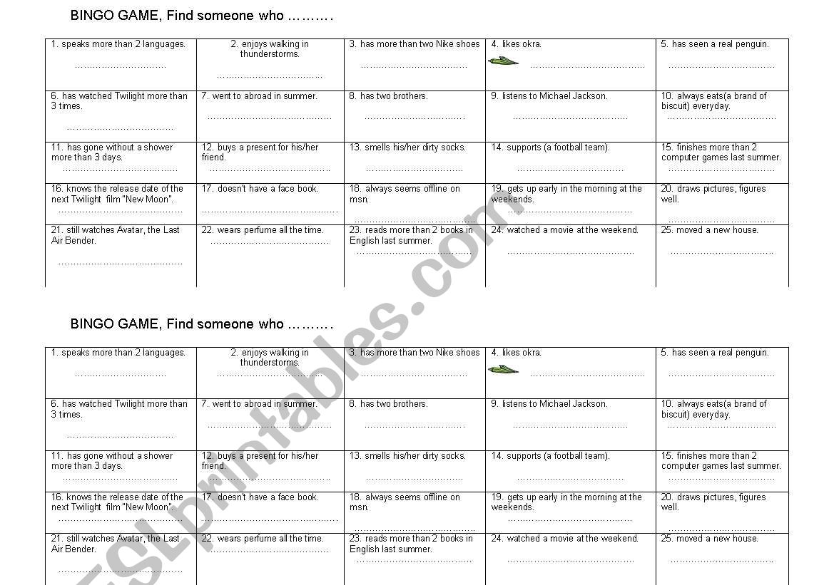 Bingo game for teens worksheet