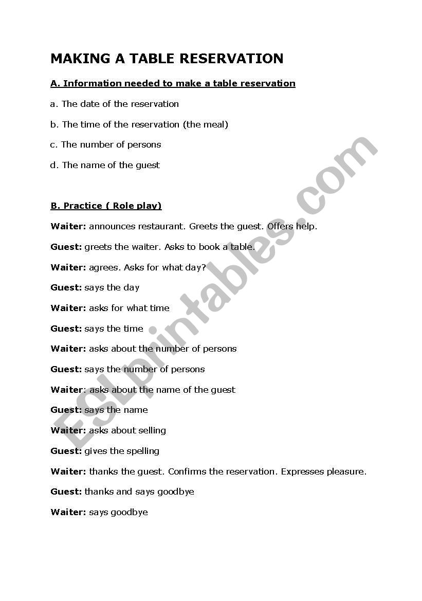 Making a table reservation (role play) ESL worksheet by khattouch