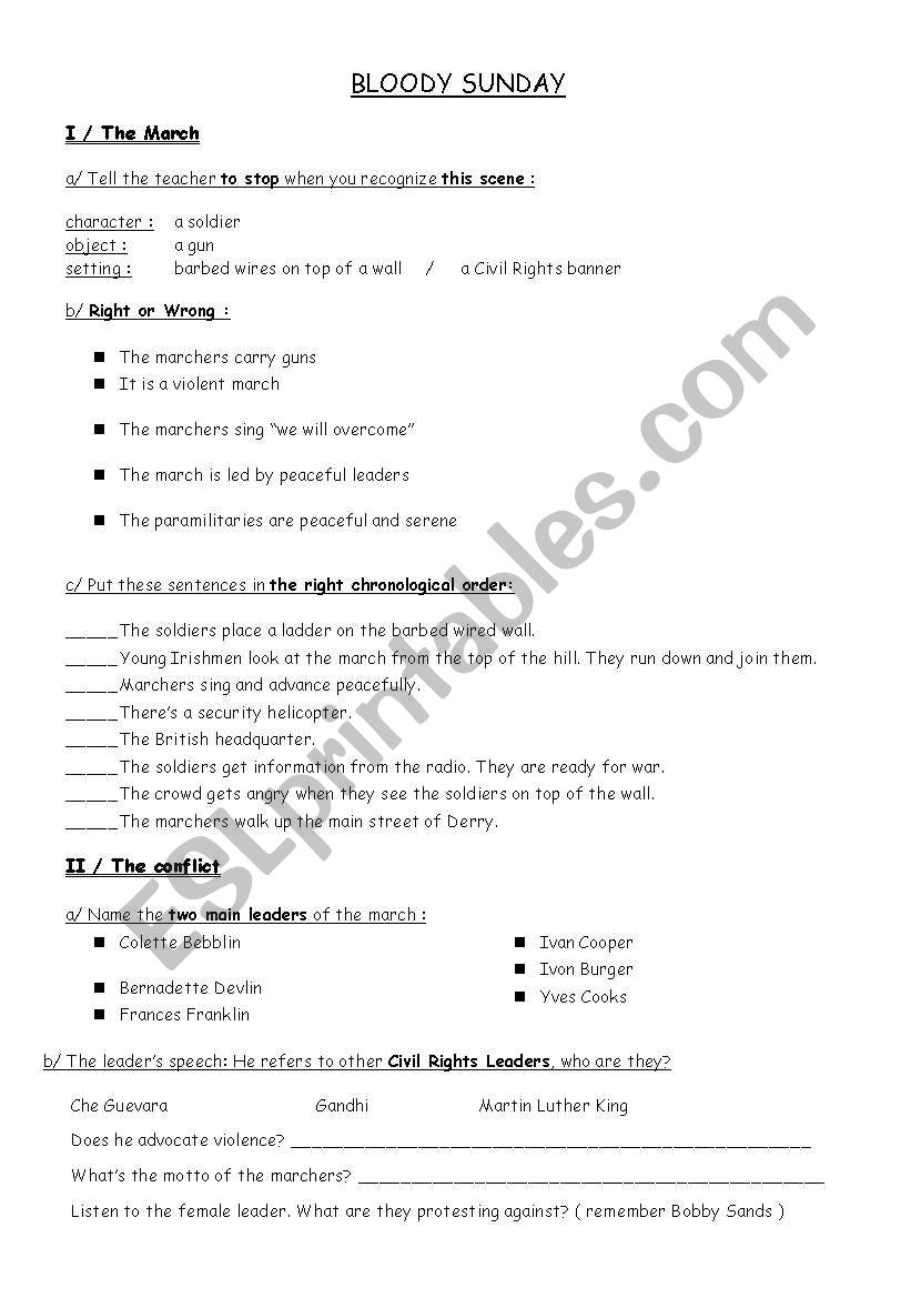 BLOODY SUNDAY ( the film ) worksheet