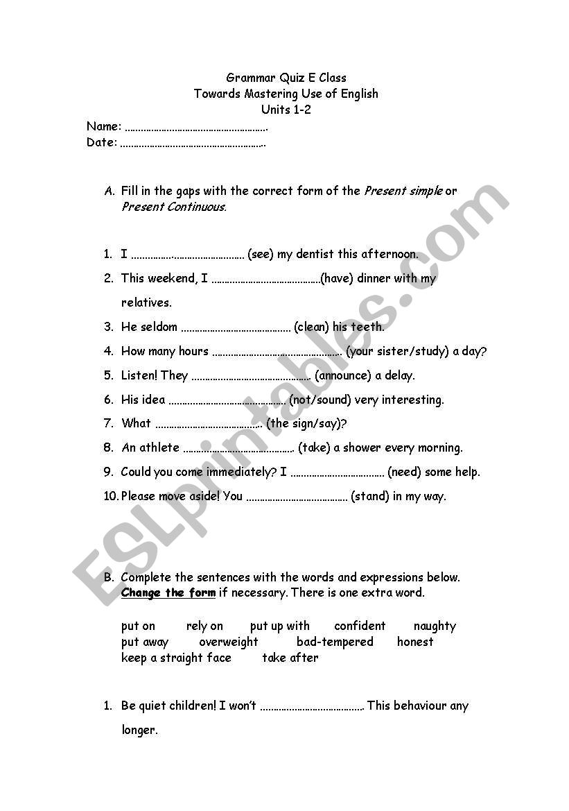 grammar - phrasal verbs test worksheet
