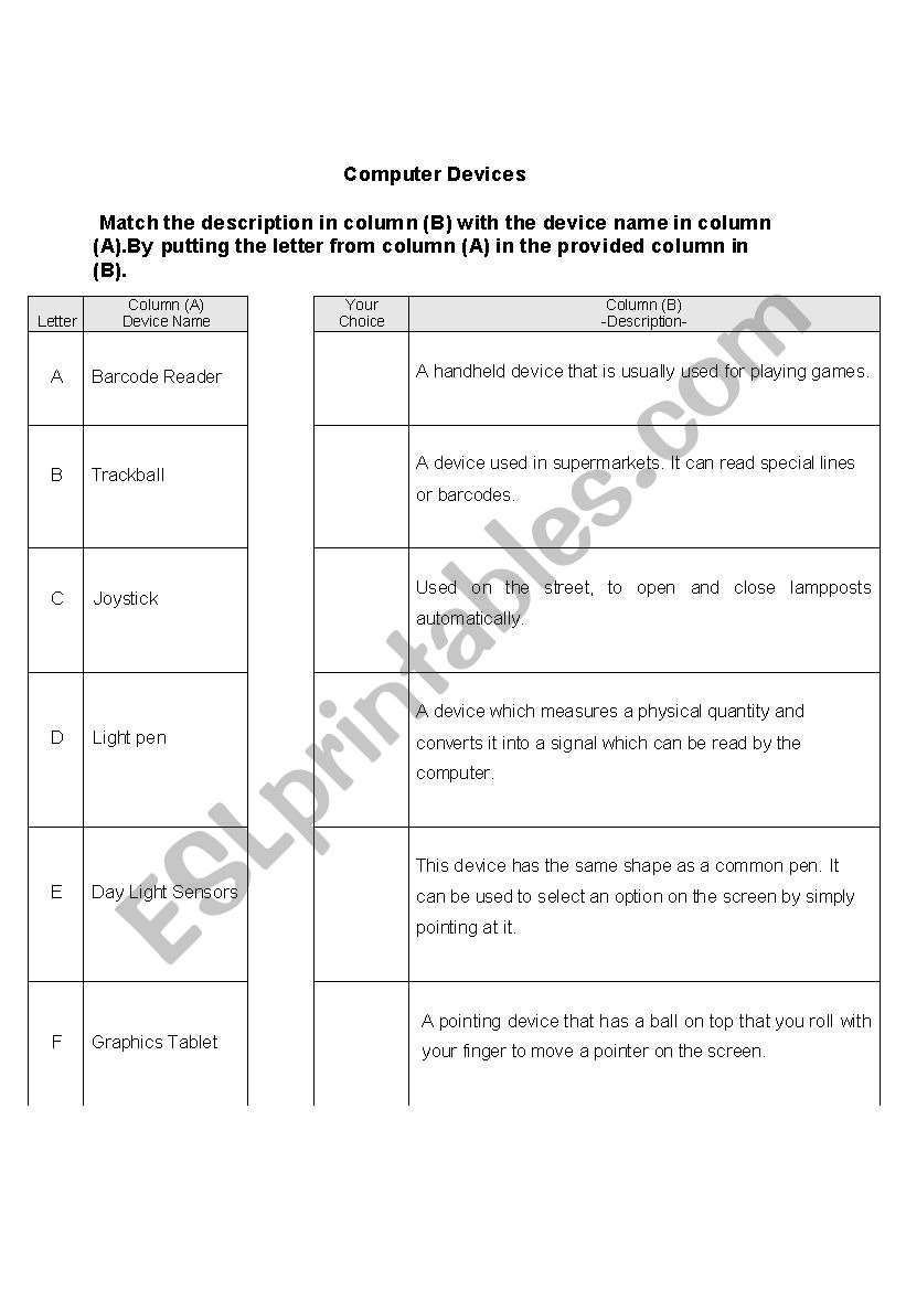 Computer devices worksheet