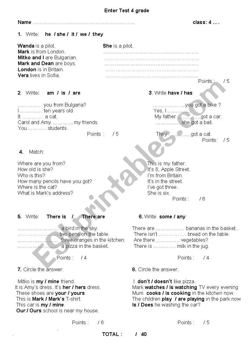 Enter test 4 grade worksheet