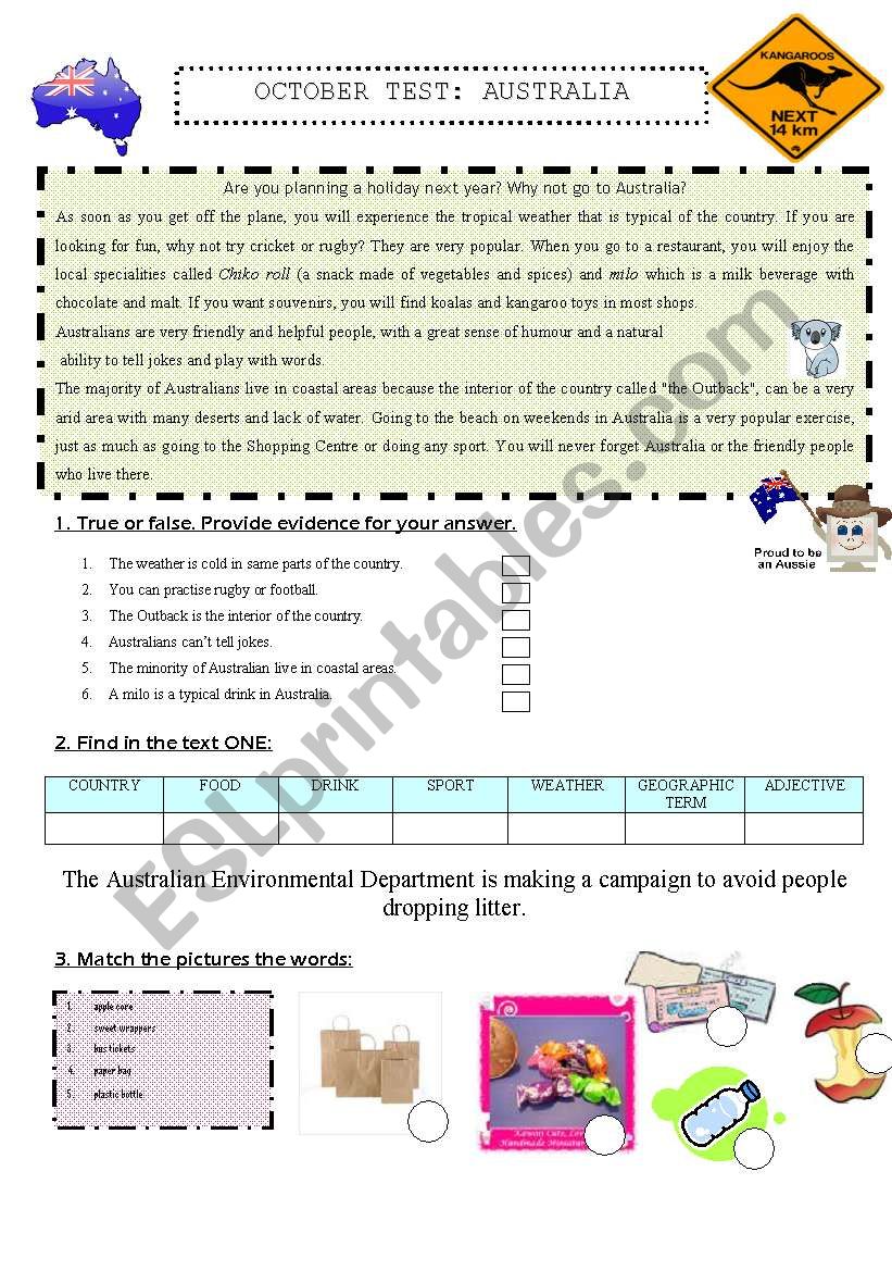 Australia test part 1 worksheet