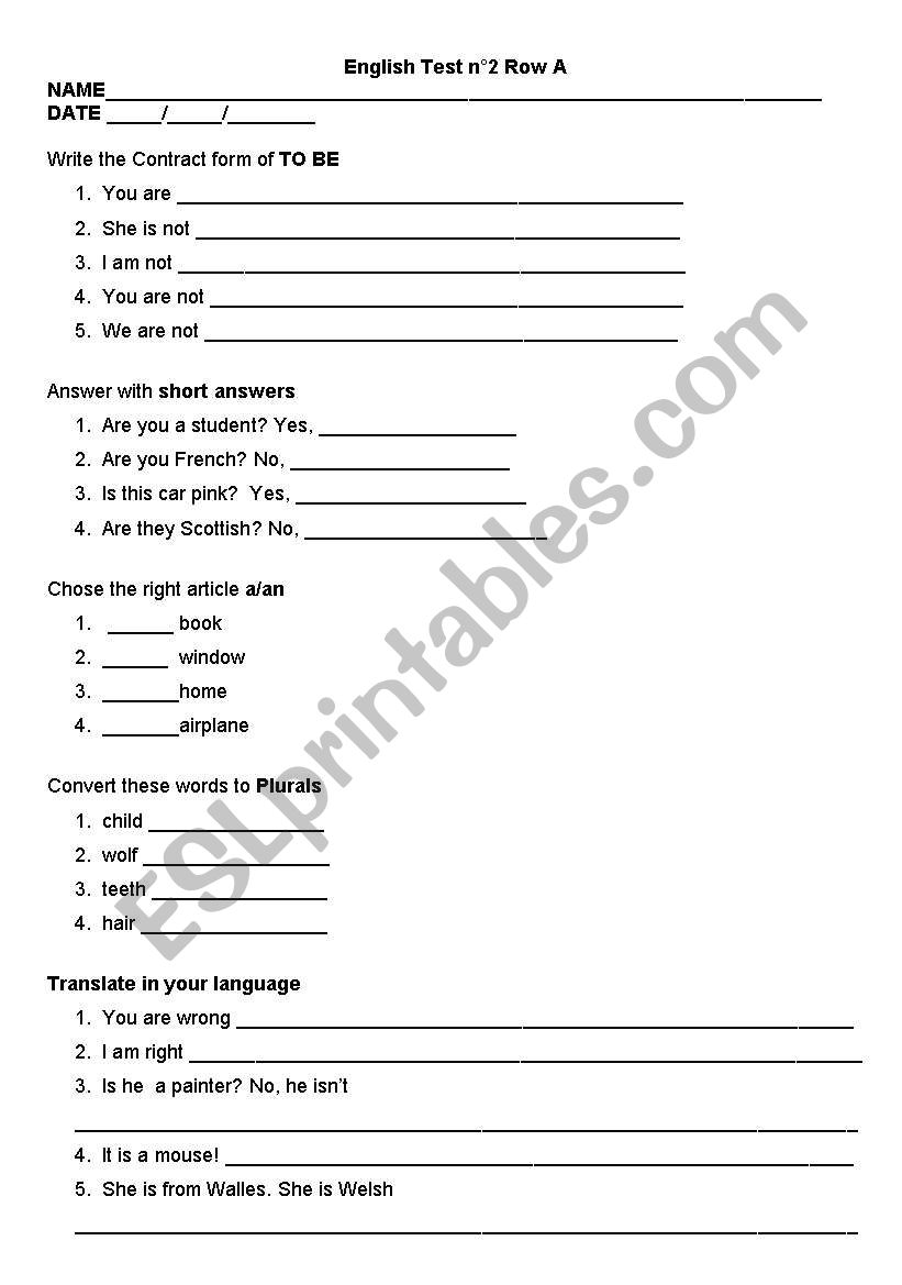 Englis Test n 2 Row A  worksheet