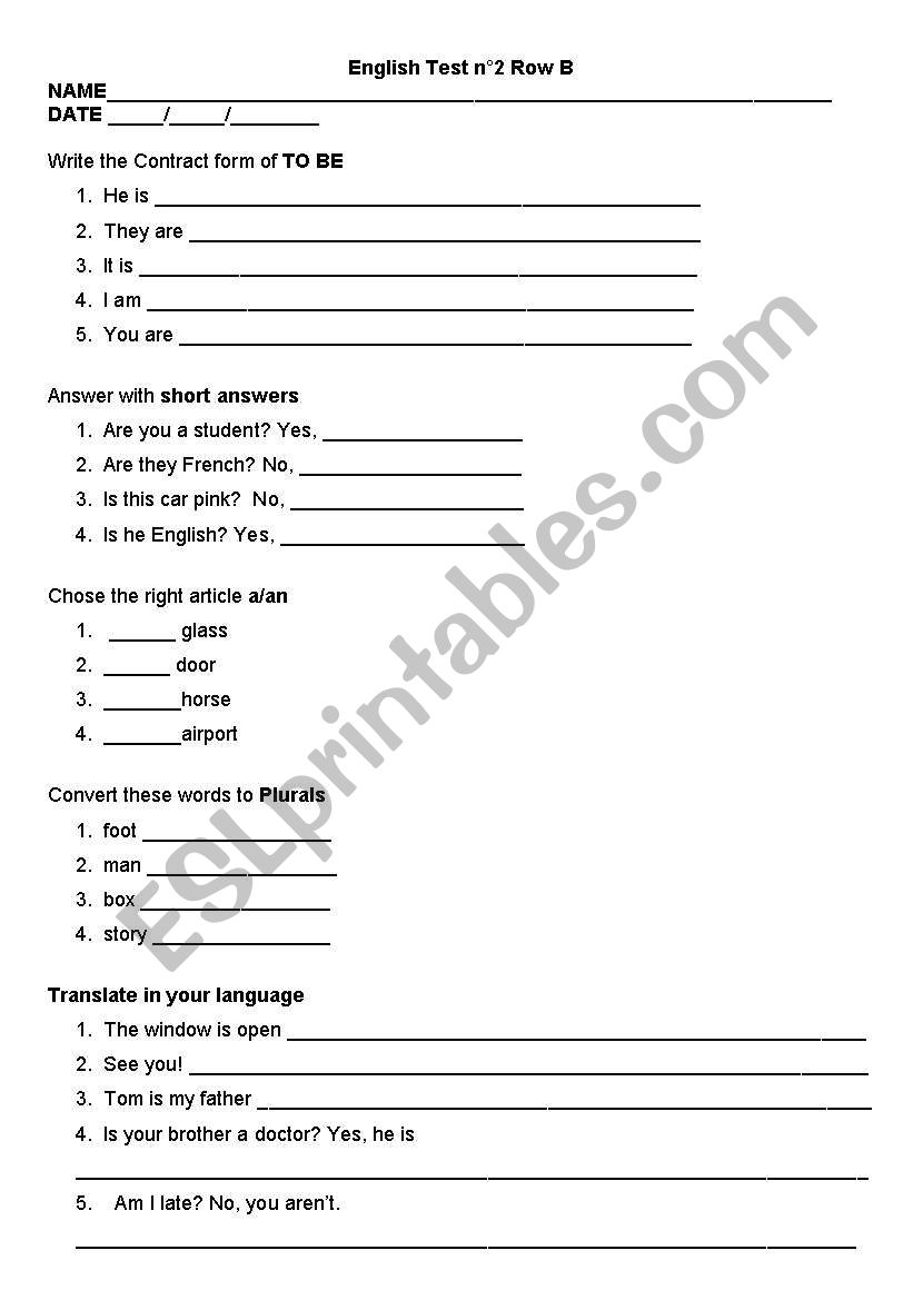 English Test n 2 Row B worksheet