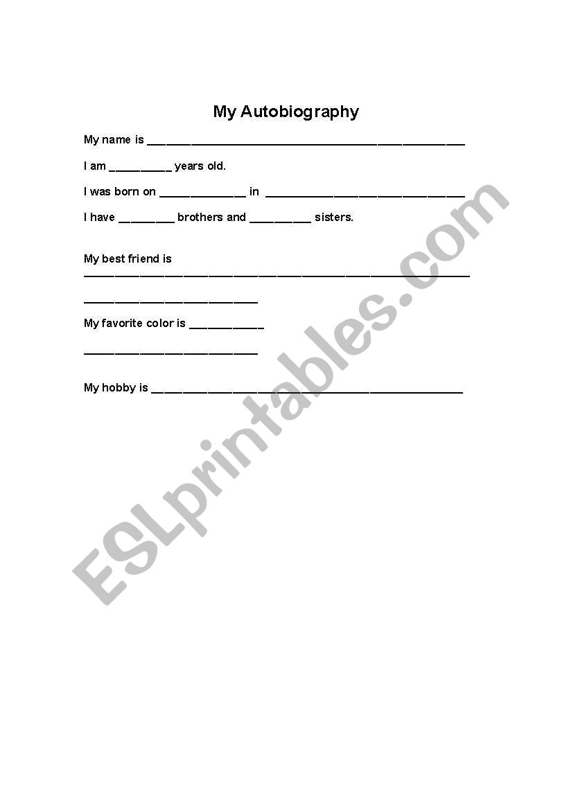 My first autobiography worksheet