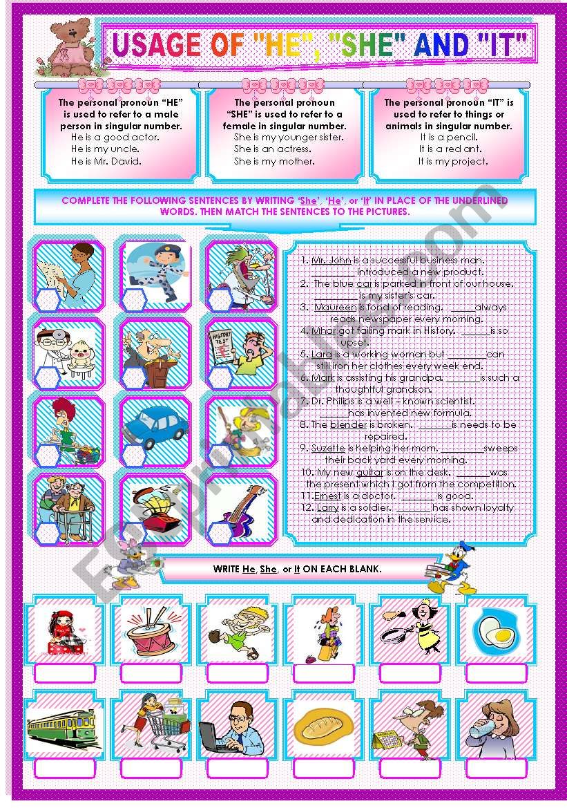 USAGE OF SHE, HE, AND IT worksheet