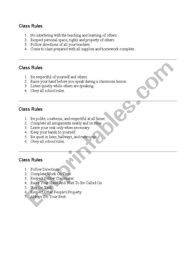 Class Rules, Vocabutary worksheet