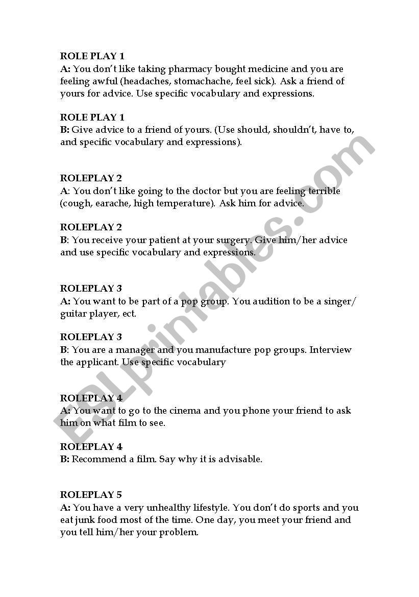 Role play cards worksheet