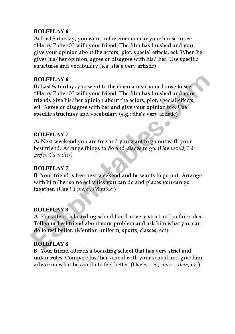Role play cards - 2-  worksheet