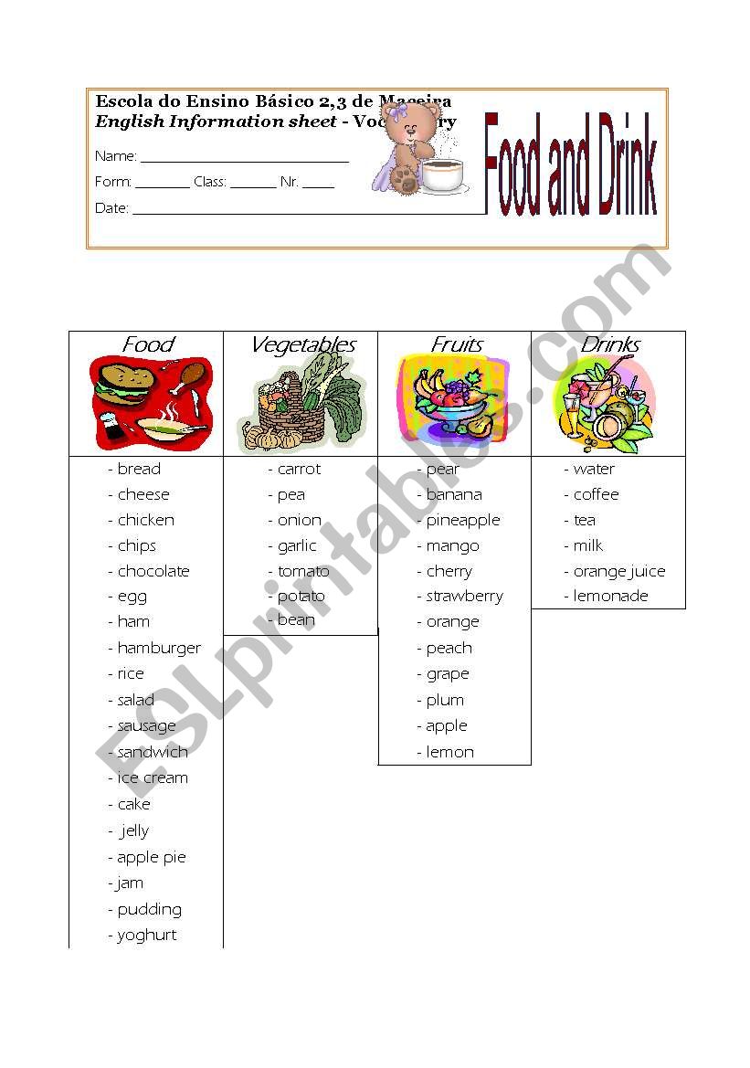 food and drink worksheet