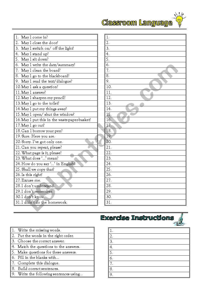 classroom language worksheet