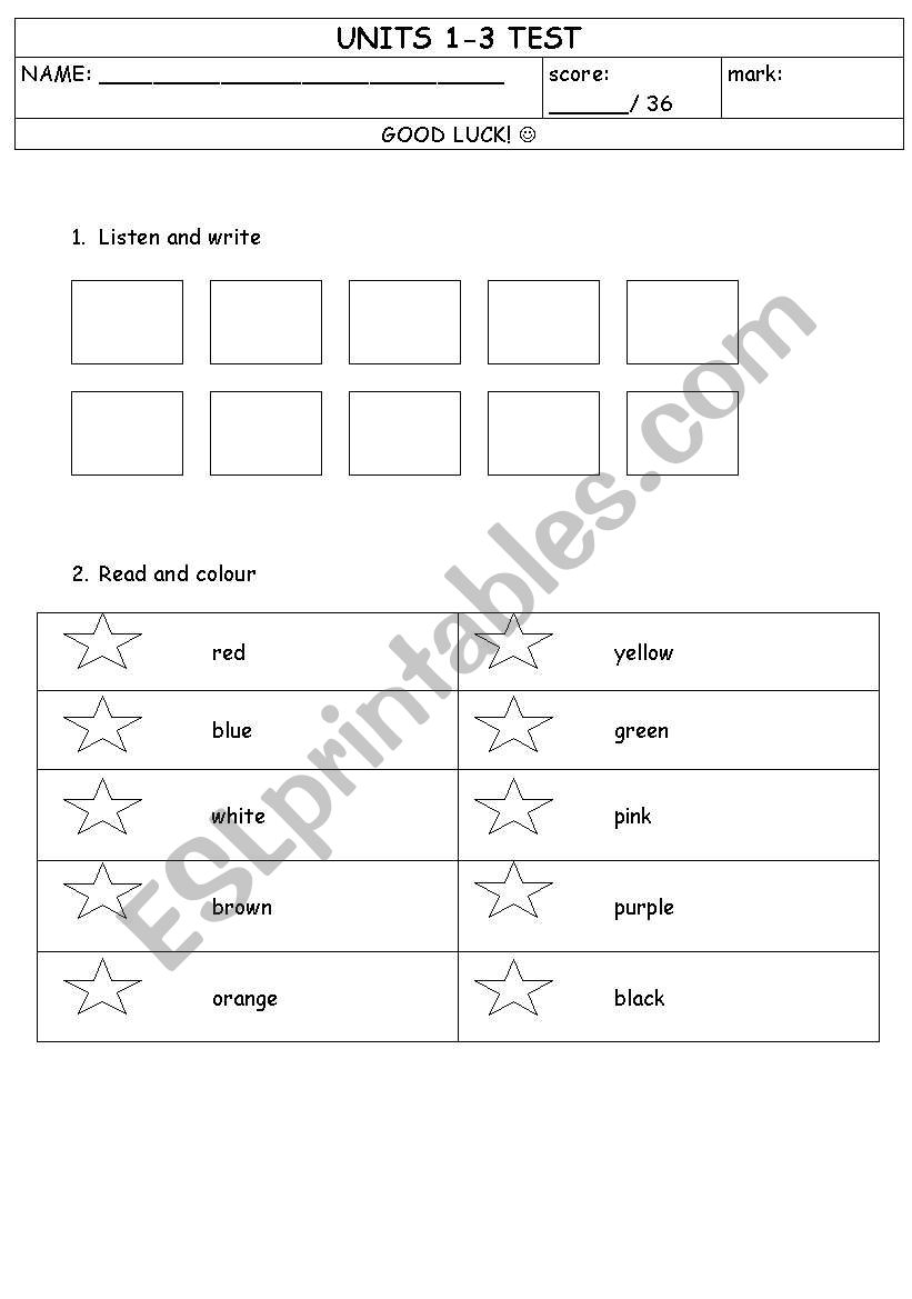 Numbers, colours, toys test worksheet