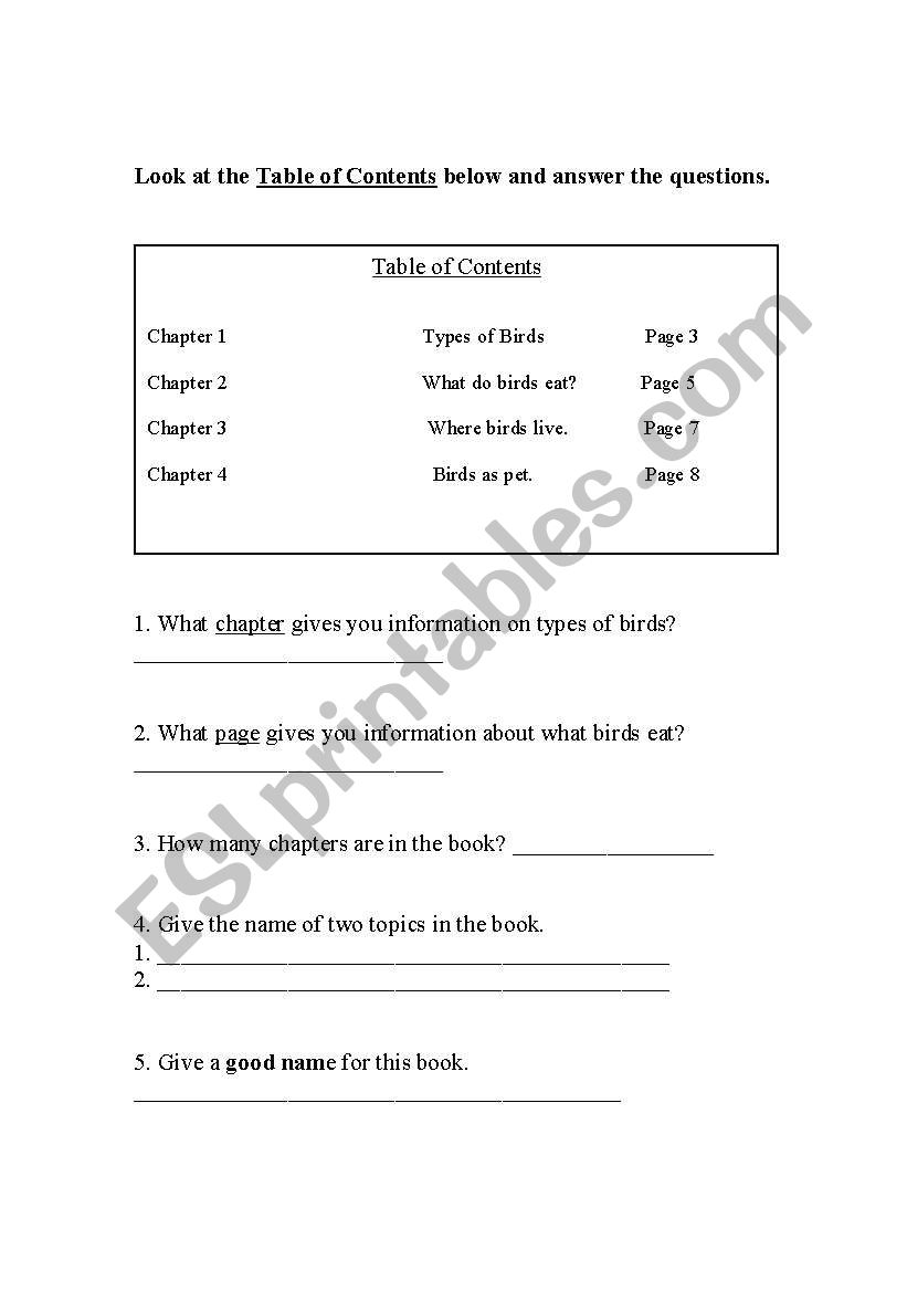 Table of Contents worksheet worksheet