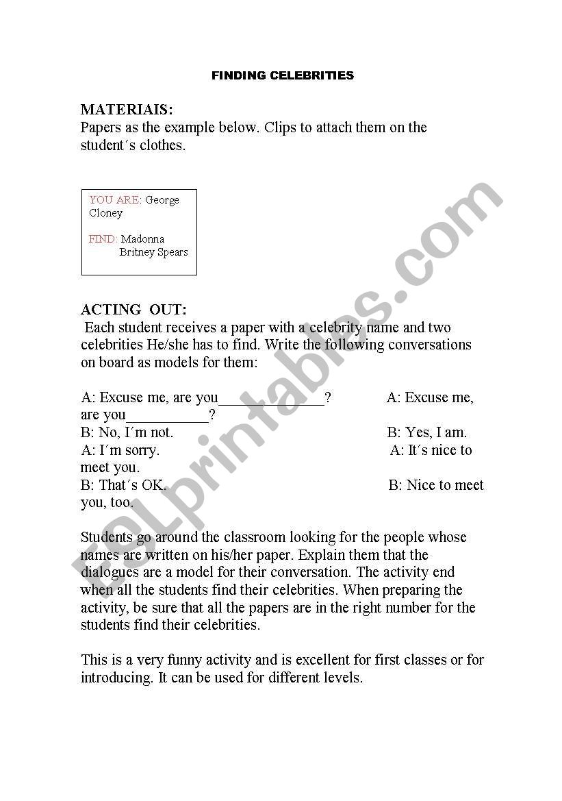 FINDING  CELEBRITIES worksheet