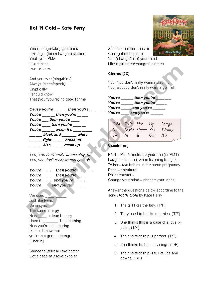 Hot N Cold lyrics activity worksheet