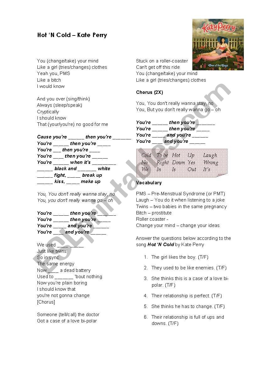 Hot Â´N Cold lyrics activity worksheet