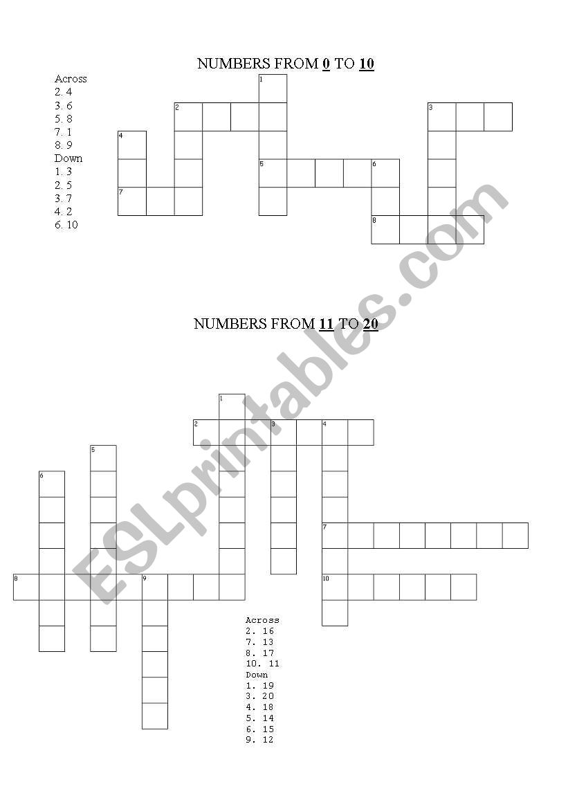 NUMBERS CROSSWORDS from 0 to 20