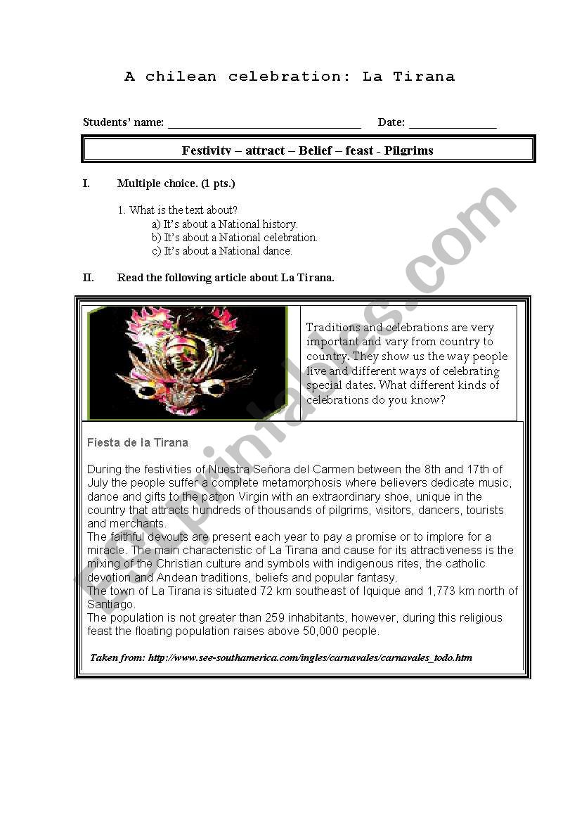 Celebrations: La tirana worksheet