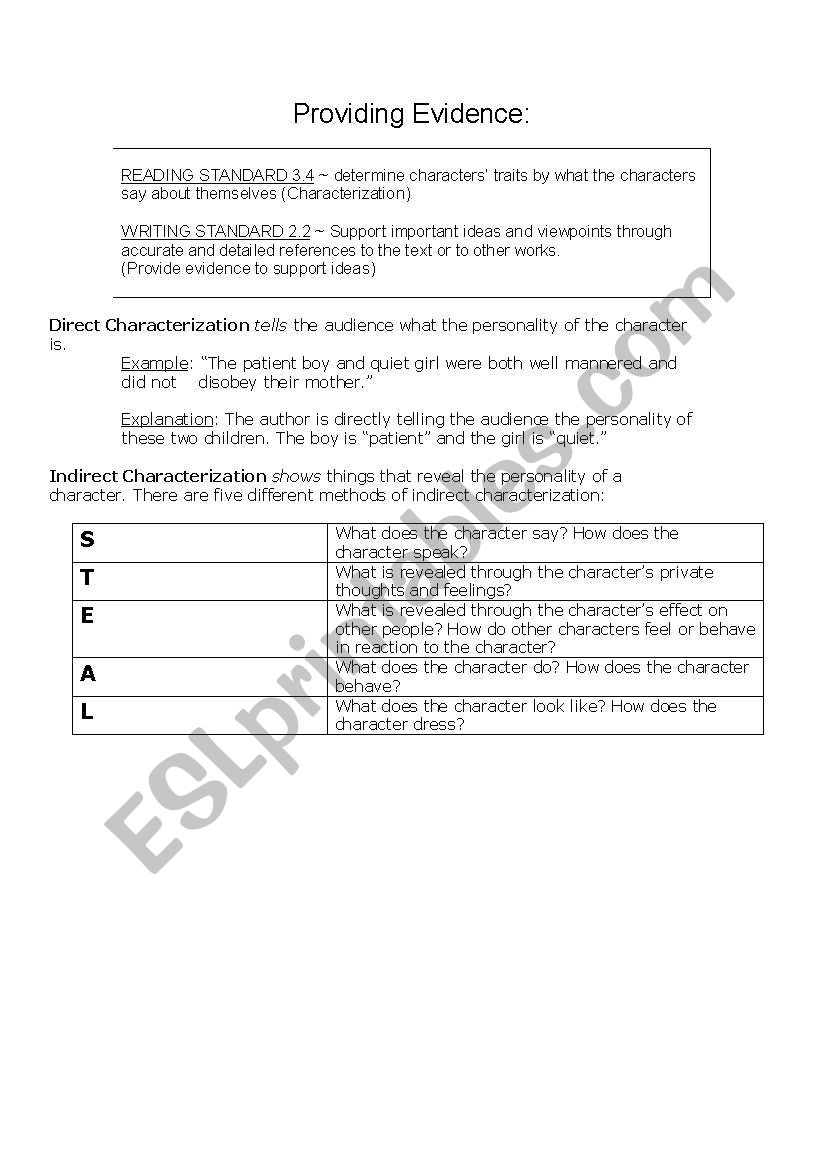 English worksheets: Indirect Characterization in Forged by Fire Inside Direct And Indirect Characterization Worksheet