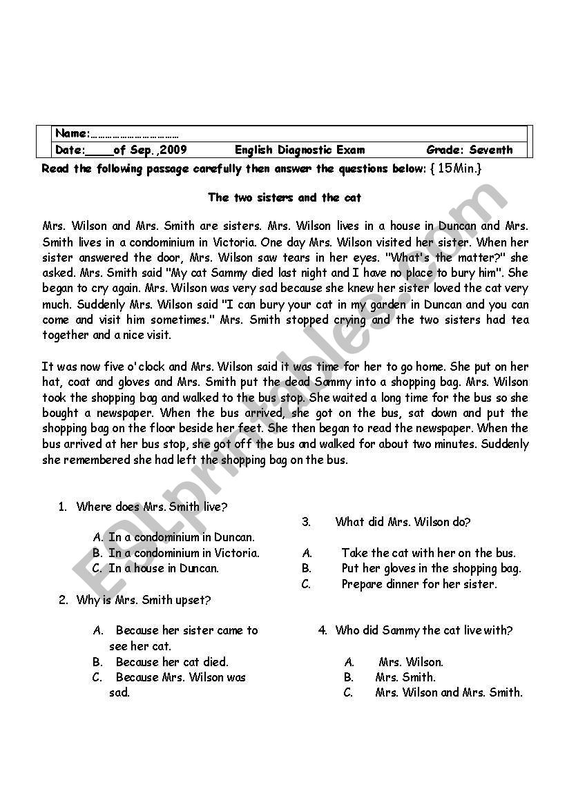 diognastic exam worksheet