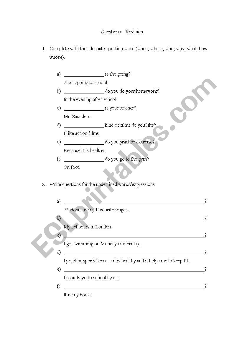 Question words worksheet