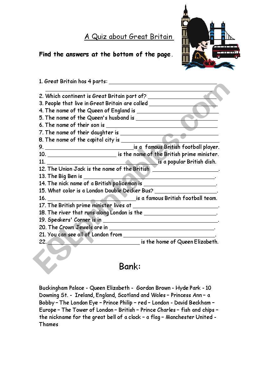A Quiz about Great Britain worksheet