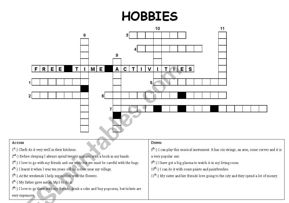 Hobbies crosswords worksheet