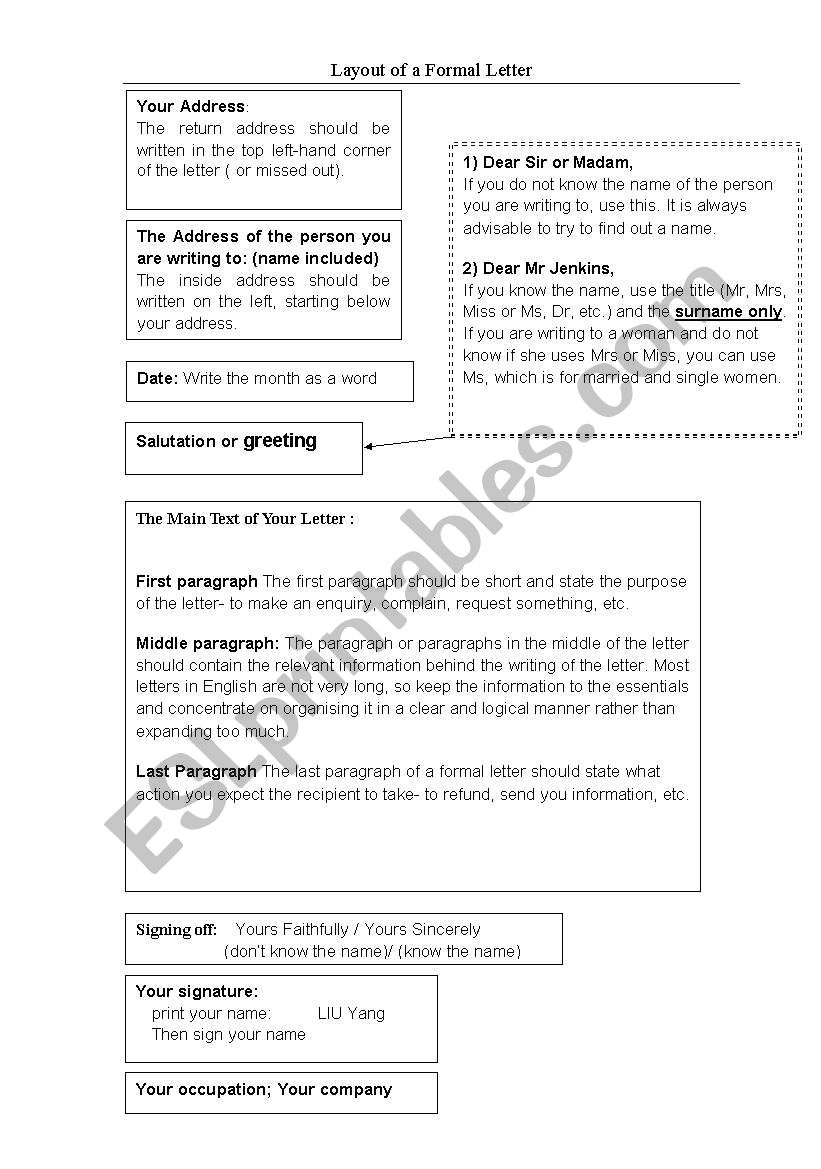 layout of formal letter worksheet