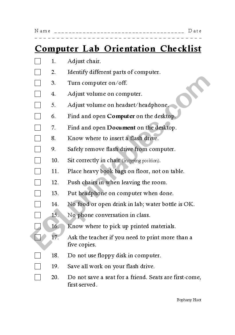 Computer Lab Orientation Checklist