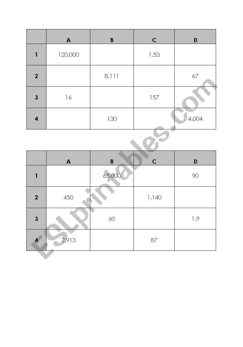 Numbers grid worksheet