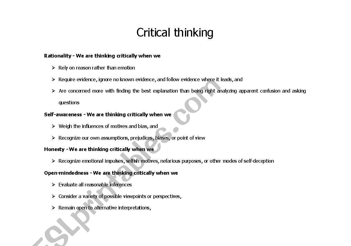 Critical thinking worksheet