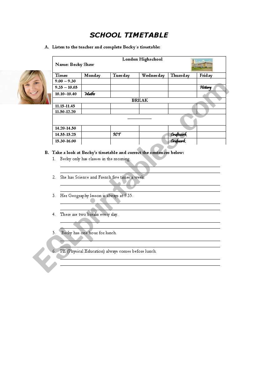 School Timetable worksheet