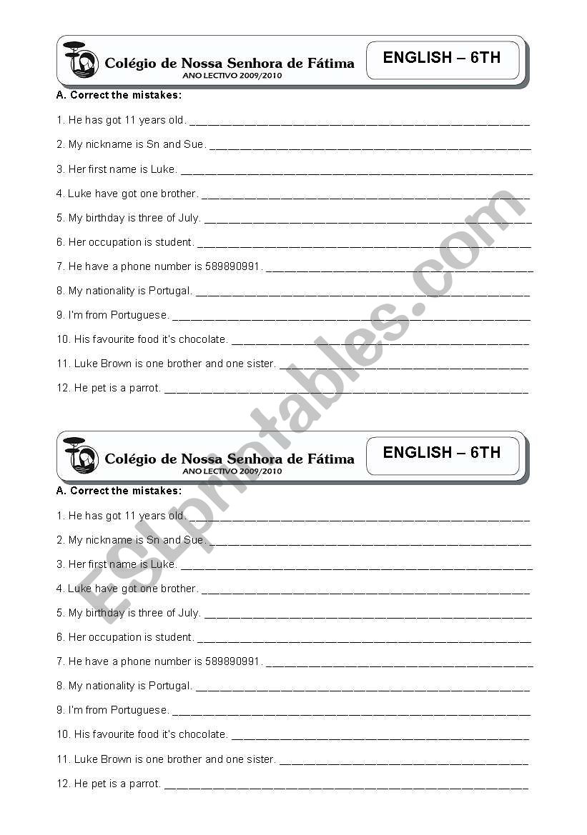 Correct the mistakes worksheet