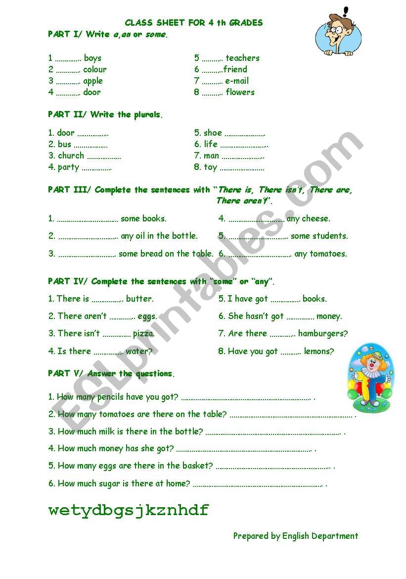 Worksheet about singular-plural, there is-are, some-any