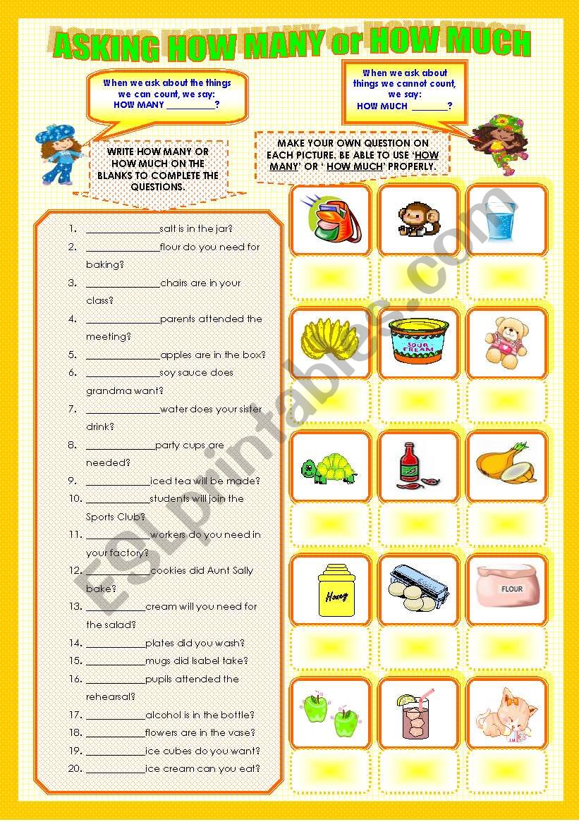 USING HOW MANY AND HOW MUCH worksheet