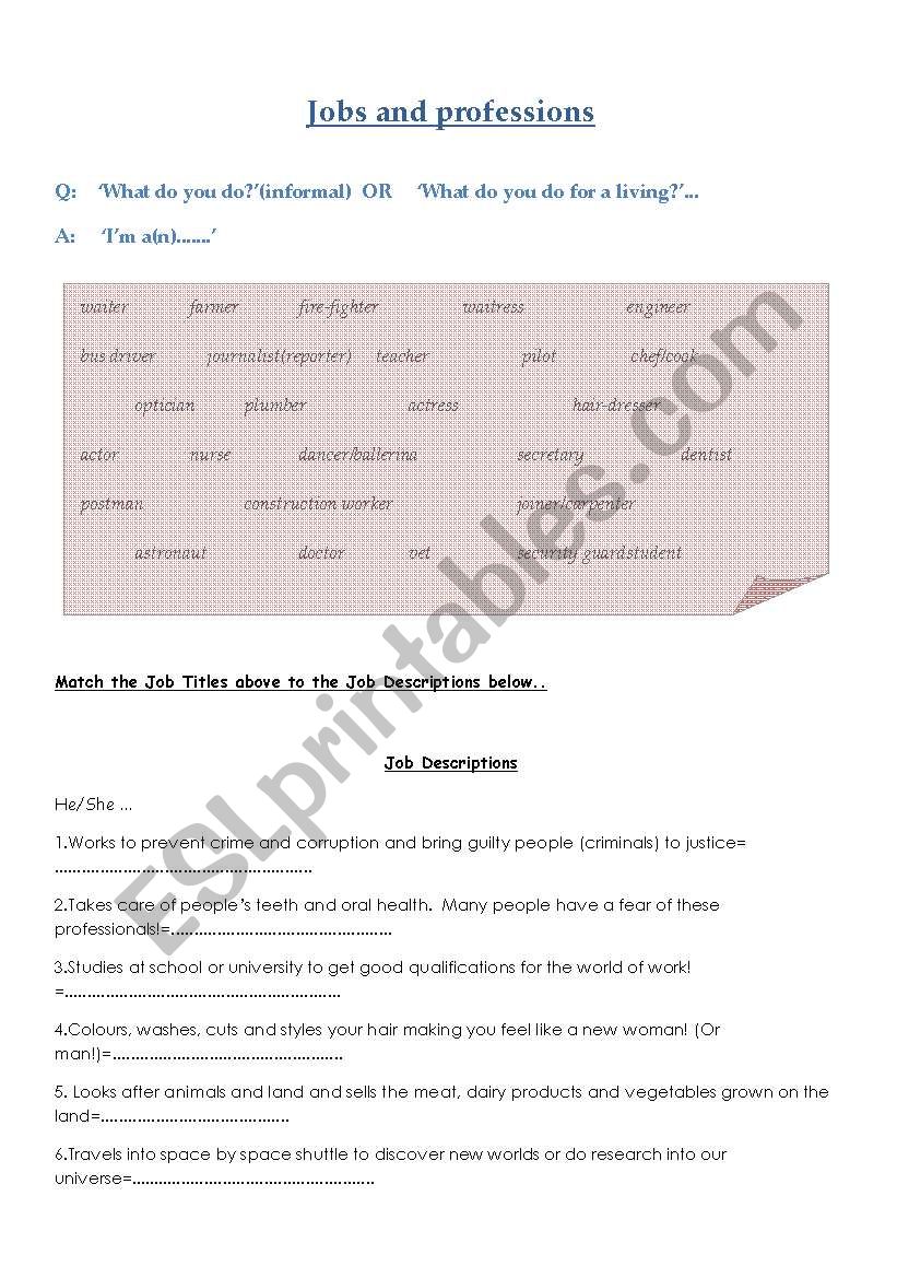 Jobs and Professions worksheet