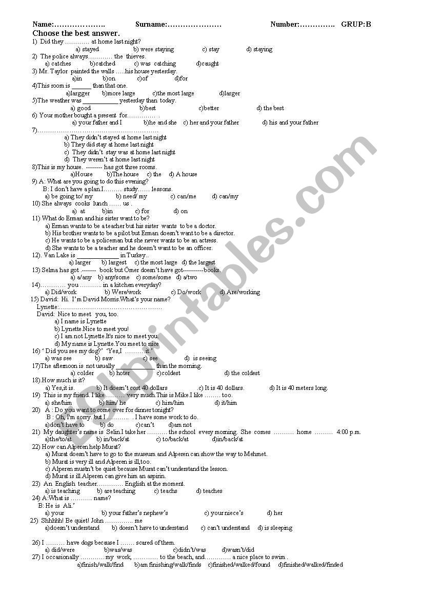 exam questions worksheet