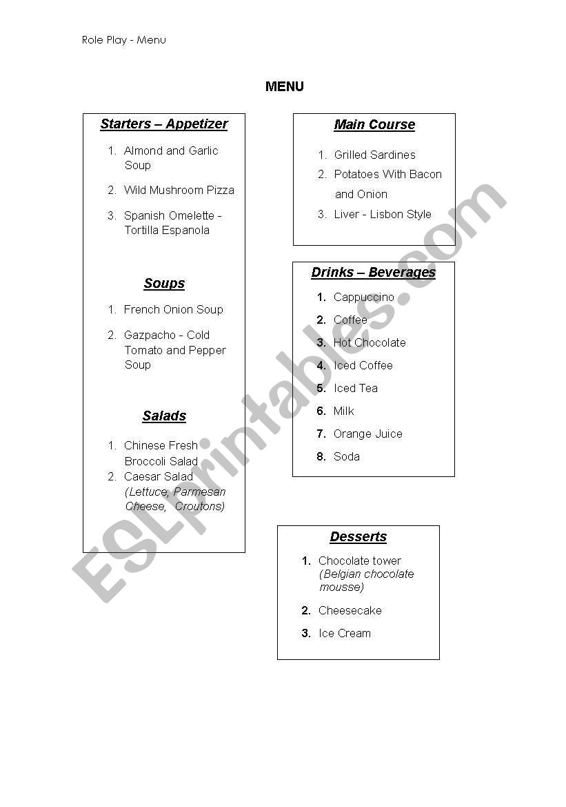 Role play - Menu worksheet