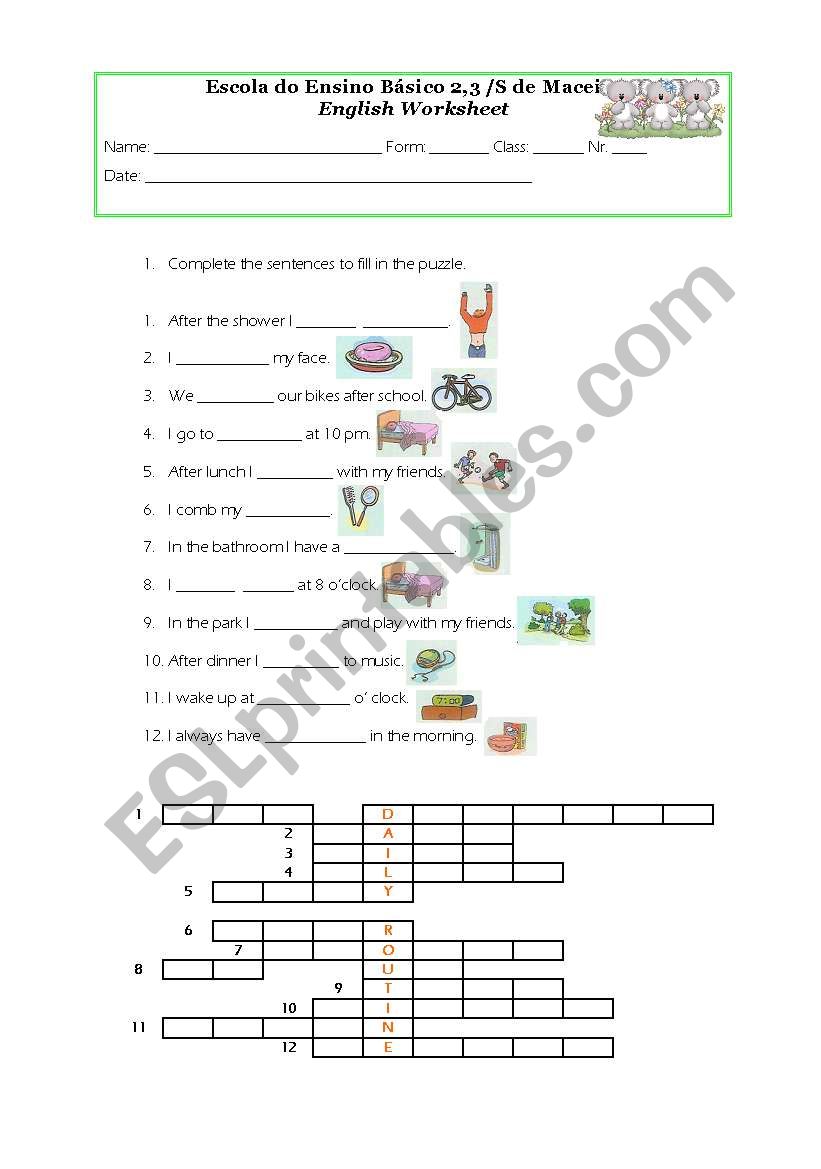 Daily routine worksheet