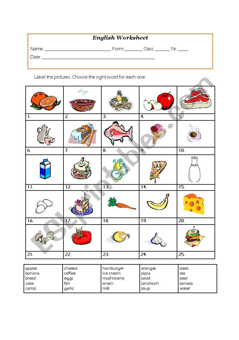 food and drink worksheet